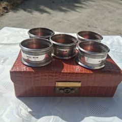 5 X Sterling Silver Napkin Rings With Vintage Leather Case