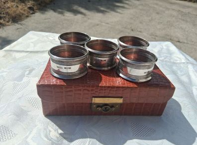 5 X Sterling Silver Napkin Rings With Vintage Leather Case