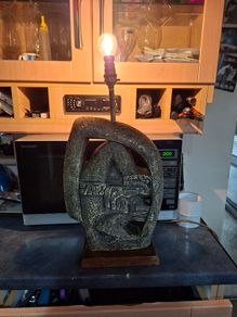 Large Mayan Sculpture Lamp is inspired by Mesoamerican figures, specifically the Chacmool