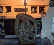 Large Mayan Sculpture Lamp is inspired by Mesoamerican figures, specifically the Chacmool