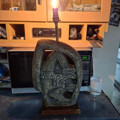 Large Mayan Sculpture Lamp is inspired by Mesoamerican figures, specifically the Chacmool