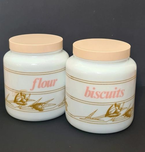 Candlelight England Milk Glass Canisters Flour & Biscuits vintage Jars Set