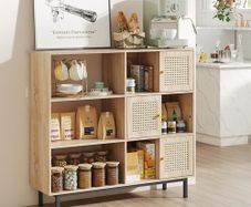 Rattan Bookcase, Sideboard Cabinet with Metal Legs, Wooden Bookcase with 3 Doors, Freestanding Display Shelf for Living Room, Study, 102 x 29 x 96 cm (Natural Oak)