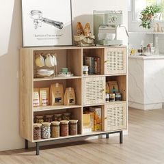 Rattan Bookcase, Sideboard Cabinet with Metal Legs, Wooden Bookcase with 3 Doors, Freestanding Display Shelf for Living Room, Study, 102 x 29 x 96 cm (Natural Oak)