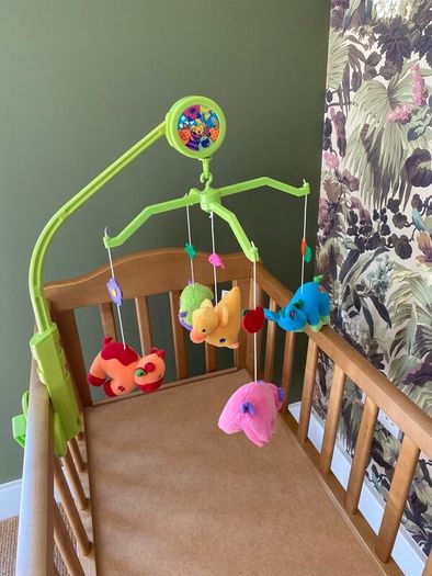Pine baby  rocking crib with musical mobile
