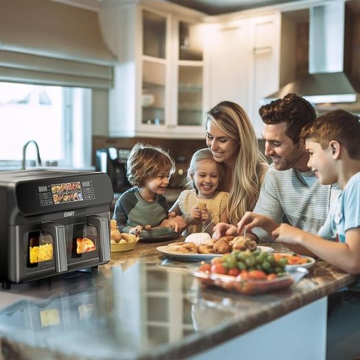 EUARY dual basket  Air Fryer 9L Oil Free 2 Compartments XXL 2800 W Large Capacity, 2 Air Fryer Bins, 12 Cooking Programs, Touch Screen, Appointment Function