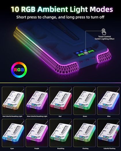 Cooling Station and Console Stand for PS5/Pro/Slim, Dual Controller Charging Station with Ambient RGB Lighting for PlayStation 5, PS5 Stand Controller Charger for Disc & Digital with Cooling Fan