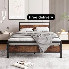Double Bed Frame with Wooden Headboard