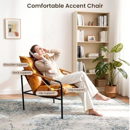Faux leather Armchair Comfy Accent Chair with Sturdy Metal Frame Wood Armrest And bag Living Room chairs Soft Cushion Lounge couch sofa Chair Oversized Reading chair for Bedroom Patio Porch