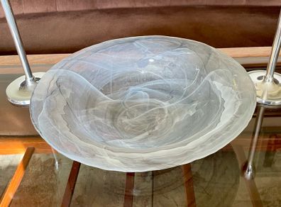 Handmade Art Glass Clear Bowl with Grey White Swirl