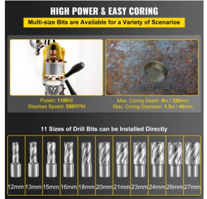 BRAND NEW Magnetic Drill Press 40mm for Engineering Steel Structure 1100W Height Adjustable Electric Bench Drilling Rig Machine