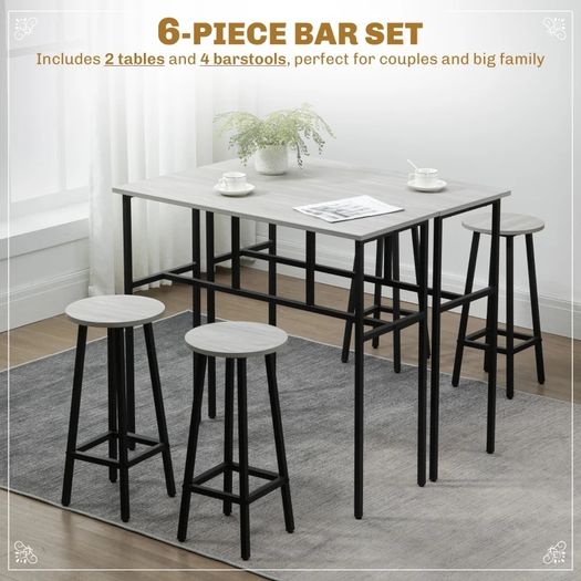 6-Piece Bar Table Set, 2 Breakfast Tables with 4 Stools, Counter Height Dining Tables & Chairs for Kitchen, Living Room, Grey