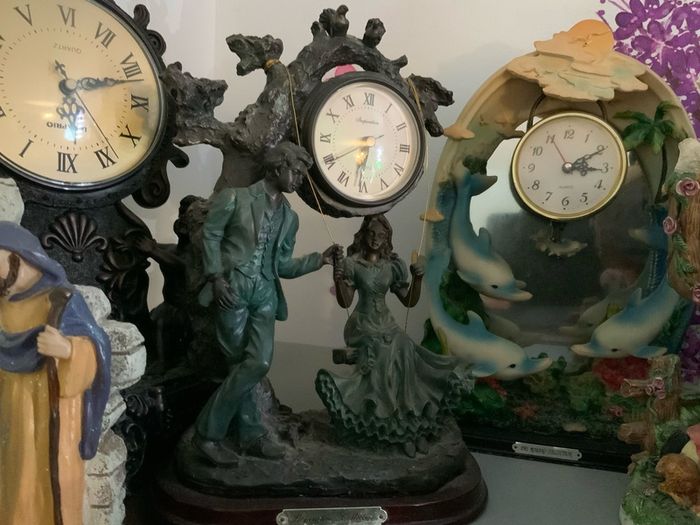 Clock, figures, Display Cabinet