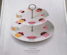 Creative Tops super white porcelain two-tier cake stand featuring a playful pastel cupcake pattern