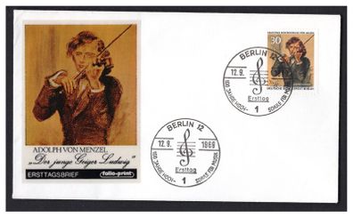 1969 Germany (Deutsche Bundespost Berlin) Adolph Von Menzel Commemorative Stamp First Day Cover (FDC)