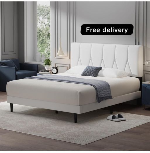 Double Bed Frame, White, Upholstered Wooden Slat Bed Frame with Headboard