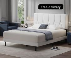 Double Bed Frame, White, Upholstered Wooden Slat Bed Frame with Headboard
