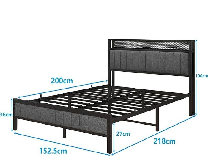 King Size Bed Frame with Storage and Headboard Shelf, Upholstered Bed Frame King Size with Metal Slats Enhanced Support, No Box Spring Needed, Gray Kingsize Bed Frames