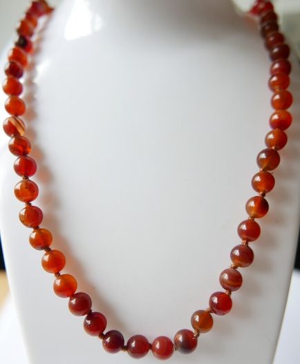 Vintage Natural Red Carnelian Agate Bead Necklace strung on a silk cord length 20"