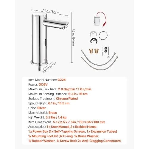 Touchless Bathroom Sink Faucet, Automatic Motion Sensor Restroom Toilet Faucet, Hands Free Adjustable Cold Hot Single Handle Water
