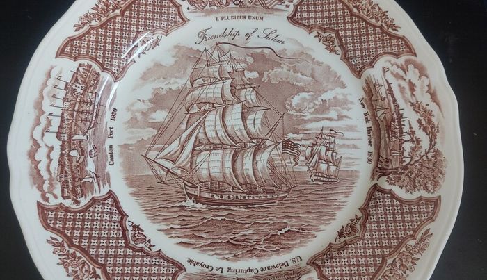 Vintage Set of Six Brown and White Fair Winds, Historical Scenes of Chinese Export to America - "The Friendship of Salem" Large Dinner Plates by Alfred Meakin