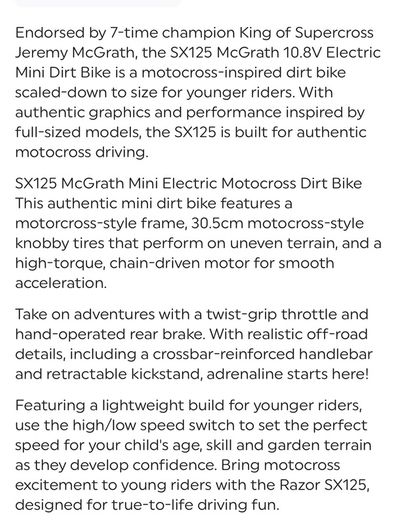 Razor SX125 McGrath 10.8V Electric Mini Dirt Bike
