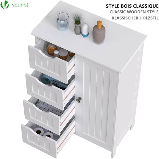 Bathroom Floor Storage Cabinet, Freestanding Storage Unit with Adjustable Shelf, 4 Drawers & Door, for Bedroom, Kitchen, Living Room, Entryway, White