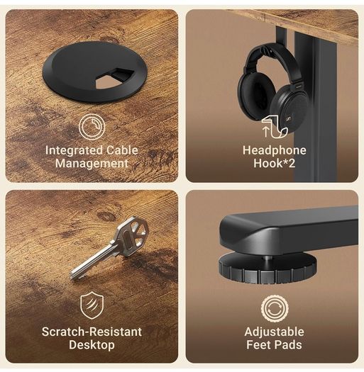 Electric Standing Desk 120x60cm Height Adjustable Desk with 3 Memory Presets & Sit Stand Reminder, Quiet Home Office Computer Desk with LED Display, Cable Holes & Hooks, Rustic Brown