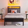 3ft Single Bed Frame with Storage Headboard,LED Lights,Metal Upholstered Platform Bed Frame with Charging Image 10