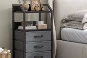 Bedside Table with 3 Fabric Drawers and Open Shelf, Nightstand for Bedroom, Living Room, Small Spaces Metal Frame &amp; Wooden Top, Compact Sofa End Table with Storage for Home Co Decor, Deep Grey