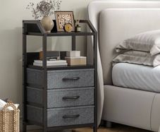 Bedside Table with 3 Fabric Drawers and Open Shelf, Nightstand for Bedroom, Living Room, Small Spaces Metal Frame & Wooden Top, Compact Sofa End Table with Storage for Home Co Decor, Deep Grey