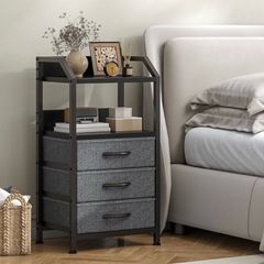 Bedside Table with 3 Fabric Drawers and Open Shelf, Nightstand for Bedroom, Living Room, Small Spaces Metal Frame & Wooden Top, Compact Sofa End Table with Storage for Home Co Decor, Deep Grey