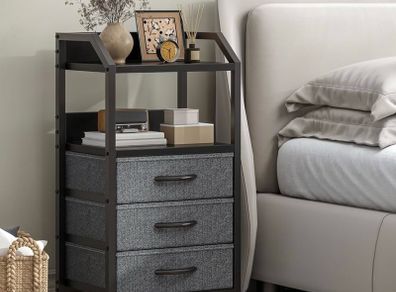 Bedside Table with 3 Fabric Drawers and Open Shelf, Nightstand for Bedroom, Living Room, Small Spaces Metal Frame & Wooden Top, Compact Sofa End Table with Storage for Home Co Decor, Deep Grey