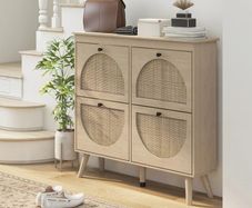 Shoe Cabinet 4 Folding Doors 20 Pairs Adjustable Shelf Bohemian Style Solid Wood Legs 105 x 24 x 97.5 cm Natural