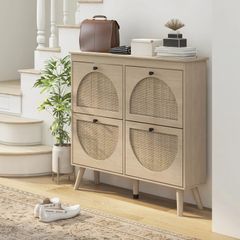Shoe Cabinet 4 Folding Doors 20 Pairs Adjustable Shelf Bohemian Style Solid Wood Legs 105 x 24 x 97.5 cm Natural