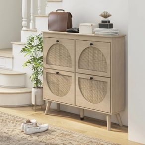 Shoe Cabinet 4 Folding Doors 20 Pairs Adjustable Shelf Bohemian Style Solid Wood Legs 105 x 24 x 97.5 cm Natural
