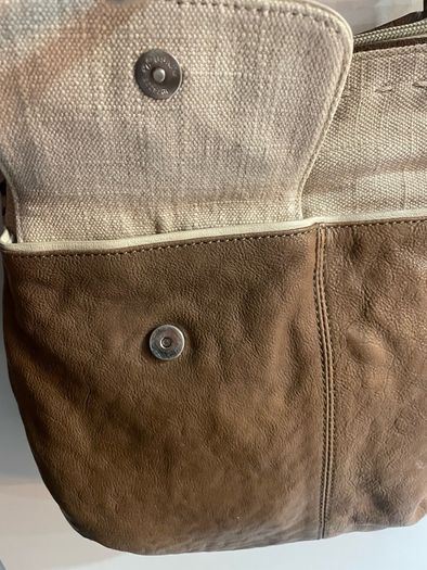 Radley brown leather and beige canvas crossbody bag