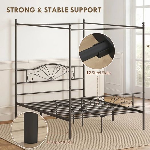 Canopy Bed Frame King Size, Metal Platform Bed Frame with Headboard and Footboard, Underbed Storage