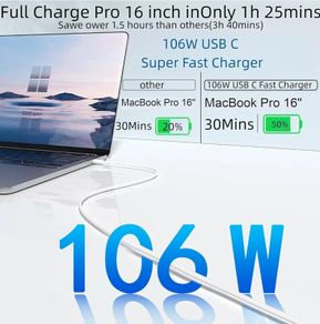 106W USB C Super Fast Charger,MacBook Pro Super Fast Charger, laptop charger suitable for MacBook Pro 16,15,14,13 inches, MacBook Air 13 inches, iPad Pro 12.11 inch and all USB C devices, 2M cable