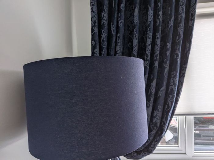 Corner suite, navy & grey cushions,NavyCurtains,lamp shade