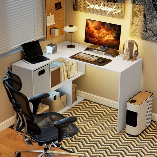 Modern Corner Desk with Shelf and Fabric Drawer, 110x100x75 cm, White
