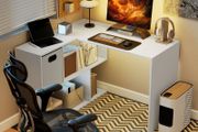 Modern Corner Desk with Shelf and Fabric Drawer, 110x100x75 cm, White