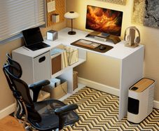 Modern Corner Desk with Shelf and Fabric Drawer, 110x100x75 cm, White