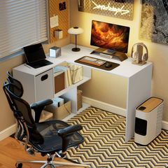 Modern Corner Desk with Shelf and Fabric Drawer, 110x100x75 cm, White
