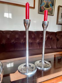 Mid Century Modern Pair Aluminium Tulip Taper Candlesticks