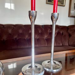 Mid Century Modern Pair Aluminium Tulip Taper Candlesticks