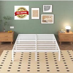 White Double Bed Frame 4ft6 with Rounded Corner Legs, Heavy Duty Metal Bed Frame Small Double with Steel Slats Support, Double Bed 36 cm High, Noise Free, Easy Assembly
