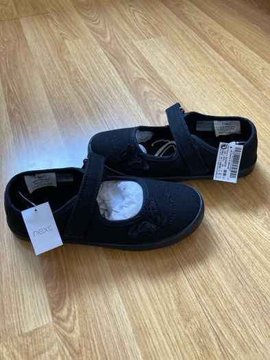 Next Butterfly Embroidered Black Plimsolls Shoes, Junior Size UK 12.5, EUR 31, Standard Fit