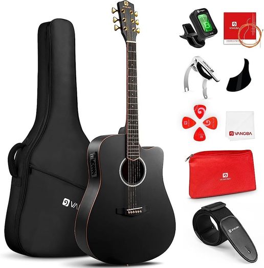 4/4 Electric Acoustic Guitar Full Size with Golden Tuning Pegs, Starter Kits Cutaway Electroacoustic Guitar Set for Beginner Adults Teens Students, Black (FREE SHIPPING)