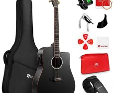 4/4 Electric Acoustic Guitar Full Size with Golden Tuning Pegs, Starter Kits Cutaway Electroacoustic Guitar Set for Beginner Adults Teens Students, Black (FREE SHIPPING)